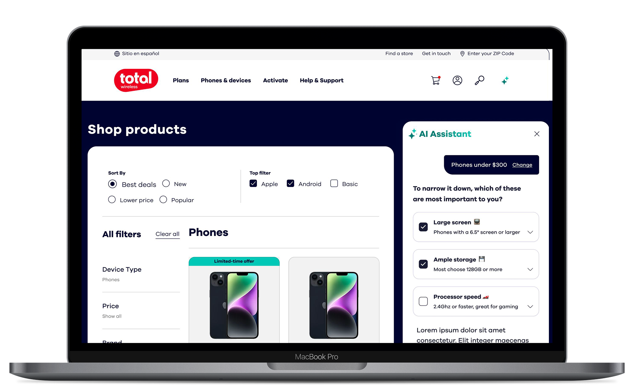 Total Wireless AI Assistant on MacBook Pro, AI-powered shop experience surfacing best-fit plans at point of decision